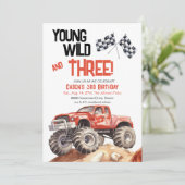 Red Black Monster Truck 3. Geburtstag Einladung (Stehend Vorderseite)