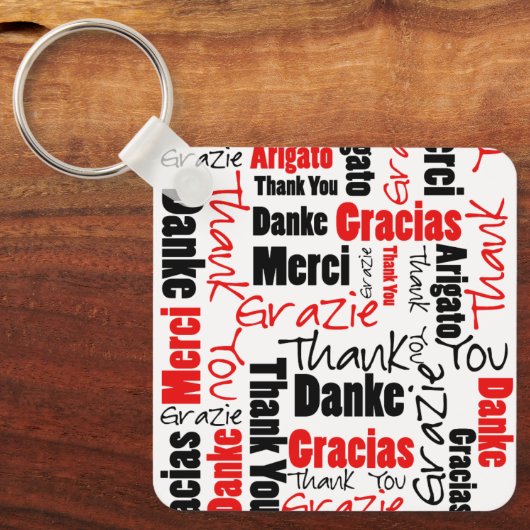 Red Black Multilingual "Danke" Typografie Schlüsselanhänger (Vorderseite)