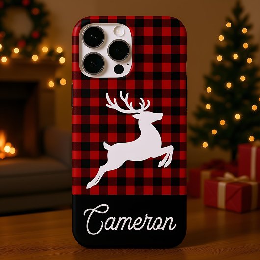 Red & Black Plaid with Reindeer Custom Name Case-Mate iPhone Hülle