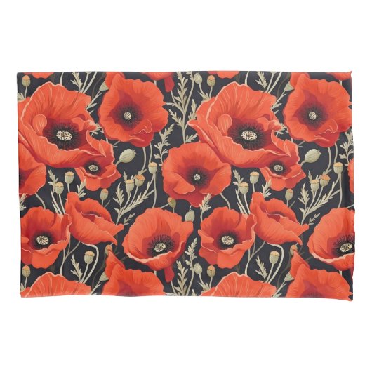 Red Black Poppy Blume Pattern Kissenbezug (Vorderseite)