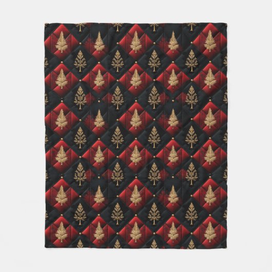 Red Black Quilt Squares Gold Weihnachtsbaumen Fleecedecke (Vorderseite)