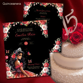 Red Black Quinceanera Kleid Floral Butterfliegen