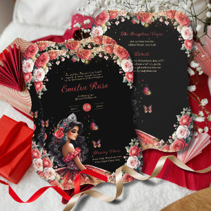 Red Black Quinceanera Kleid Floral Butterfliegen Einladung