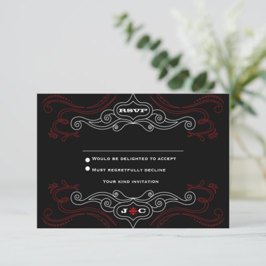 Red & Black Rock 'n' Roll Wedding RSVP Einladung (Stehend Vorderseite)