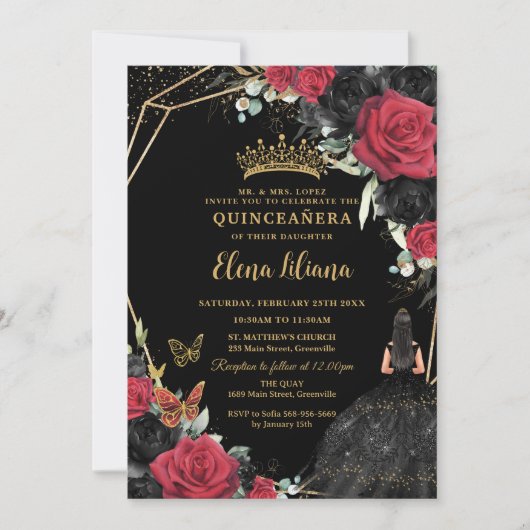 Red Black Rose Blumenkleid Gold Quinceañera XV Einladung (Vorderseite)