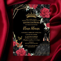 Red Black Rose Blumenkleid Gold Quinceañera XV