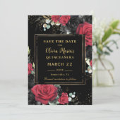 Red Black Rose Floral Gold Quinceanera Sweet 16 Save The Date (Stehend Vorderseite)
