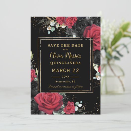 Red Black Rose Floral Gold Quinceanera Sweet 16 Save The Date (Stehend Vorderseite)