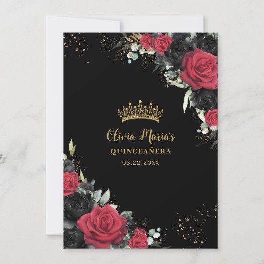 Red Black Rose Floral Gold Quinceanera Sweet 16 Save The Date (Rückseite)