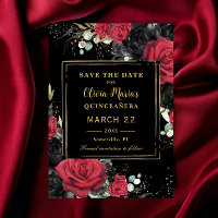 Red Black Rose Floral Gold Quinceanera Sweet 16