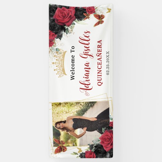 Red Black Rose Floral Quinceañera Sweet 16 Foto Banner (Vertikal)