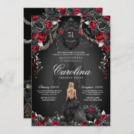 Red Black Rose Gothic Haunted Spooky Quinceanera Einladung