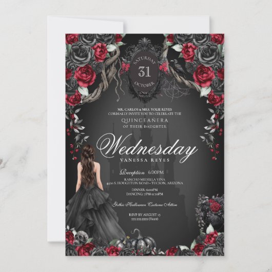 Red & Black Rose Quinceañera Halloween Gothic Einladung (Vorderseite)
