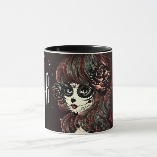 Red Black Rose Sugar Skull Girl Personalisiert Tasse (Zentrum)