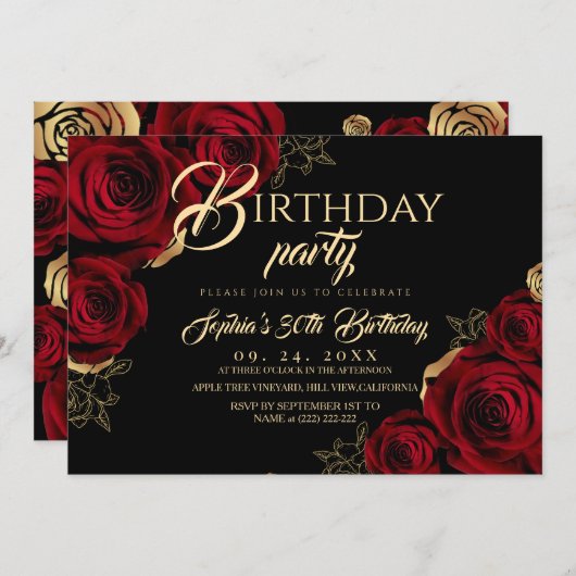 Red Black Roses Birthday Party Invitation Einladung (Vorne/Hinten)