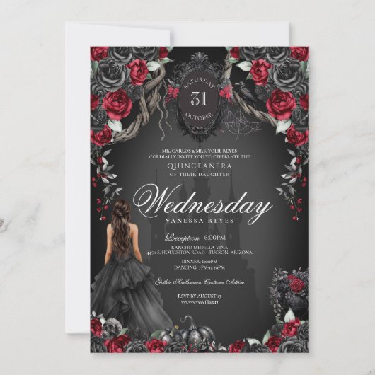 Red Black Roses Quinceañera Halloween Gothic Einladung (Vorderseite)