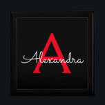 Red Black Script Giron Monogram Name Erinnerungskiste<br><div class="desc">Schwarz und Rot Einfache Skript Monogram Name Jewelry Keepake Box. Dies macht den perfekten Abschluss,  Geburtstag,  Hochzeit,  Brautparty,  Jubiläum,  Babydusche oder Junggeselinnen-Abschied Geschenk für jemanden,  die Lieben glamourösen Luxus und schicke Stile.</div>