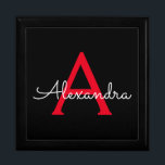 Red Black Script Giron Monogram Name Erinnerungskiste<br><div class="desc">Schwarz und Rot Einfache Skript Monogram Name Jewelry Keepake Box. Dies macht den perfekten Abschluss,  Geburtstag,  Hochzeit,  Brautparty,  Jubiläum,  Babydusche oder Junggeselinnen-Abschied Geschenk für jemanden,  die Lieben glamourösen Luxus und schicke Stile.</div>