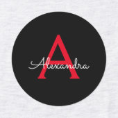 Red Black Script Giron Monogram Name Etiketten (Design 1)