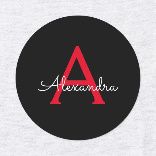 Red Black Script Giron Monogram Name Etiketten (Design 1)