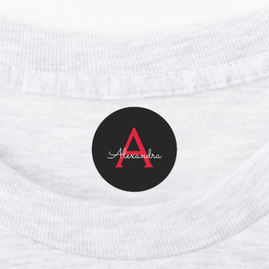 Red Black Script Giron Monogram Name Etiketten (Befestigt)