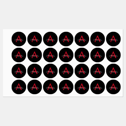 Red Black Script Giron Monogram Name Etiketten (Blatt)