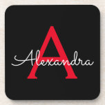 Red Black Script Giron Monogram Name Getränkeuntersetzer<br><div class="desc">Untersetzer für einfache,  schwarze und rote Skriptmonogramm-Namenspapiere. Dies macht den perfekten Abschluss,  Geburtstag,  Hochzeit,  Brautparty,  Jubiläum,  Babydusche oder Junggeselinnen-Abschied Geschenk für jemanden,  die Lieben glamourösen Luxus und schicke Stile.</div>