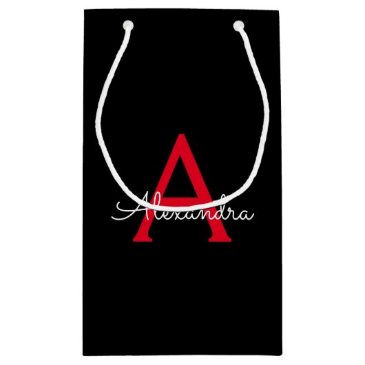 Red Black Script Giron Monogram Name Kleine Geschenktüte (Rückseite)