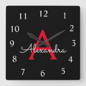 Red Black Script Giron Monogram Name Quadratische Wanduhr (Vorderseite)