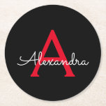 Red Black Script Giron Monogram Name Runder Pappuntersetzer<br><div class="desc">Untersetzer für einfache,  schwarze und rote Skriptmonogramm-Namenspapiere. Dies macht den perfekten Abschluss,  Geburtstag,  Hochzeit,  Brautparty,  Jubiläum,  Babydusche oder Junggeselinnen-Abschied Geschenk für jemanden,  die Lieben glamourösen Luxus und schicke Stile.</div>