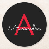 Red Black Script Giron Monogram Name Runder Pappuntersetzer (Vorderseite)