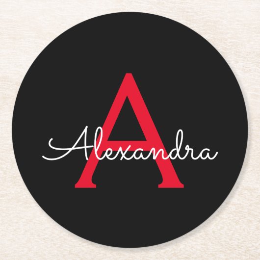 Red Black Script Giron Monogram Name Runder Pappuntersetzer (Vorderseite)