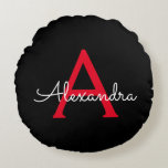 Red Black Script Giron Monogram Name Rundes Kissen<br><div class="desc">Schwarz und Rot einfaches Skript Monogram Name Pouf Kissen. Das Kissen macht den perfekten 16 Geburtstag,  Hochzeit,  Brautparty,  Babydusche oder Junggeselinnen-Abschied Geschenk für jemanden,  der sein Zimmer in Rose Gold dekoriert.</div>