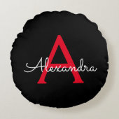 Red Black Script Giron Monogram Name Rundes Kissen (Vorderseite)