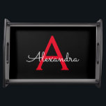 Red Black Script Giron Monogram Name Serviertablett<br><div class="desc">Serviertablett für den Namen des Monogramms (Name Place) in Schwarz und Rot. Dies macht den perfekten Abschluss,  Geburtstag,  Hochzeit,  Brautparty,  Jubiläum,  Babydusche oder Junggeselinnen-Abschied Geschenk für jemanden,  die Lieben glamourösen Luxus und schicke Stile.</div>