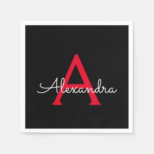 Red Black Script Giron Monogram Name Serviette (Vorderseite)