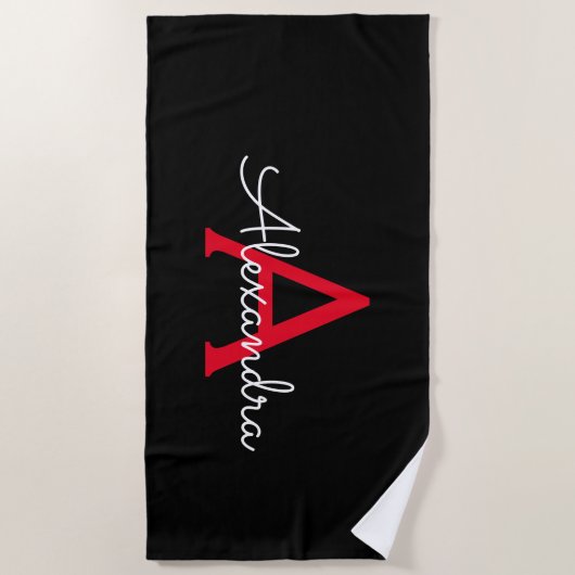 Red Black Script Giron Monogram Name Strandtuch (Vorderseite)