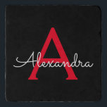 Red Black Script Giron Monogram Name Töpfeuntersetzer<br><div class="desc">Schwarz und Rot einfache Skriptmonogramm Name Stone Trivet. Dies macht den perfekten Abschluss,  Geburtstag,  Hochzeit,  Brautparty,  Jubiläum,  Babydusche oder Junggeselinnen-Abschied Geschenk für jemanden,  die Lieben glamourösen Luxus und schicke Stile.</div>