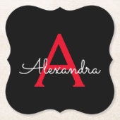 Red Black Script Giron Monogram Name Untersetzer (Vorderseite)