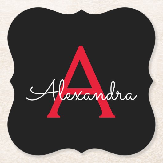 Red Black Script Giron Monogram Name Untersetzer (Vorderseite)