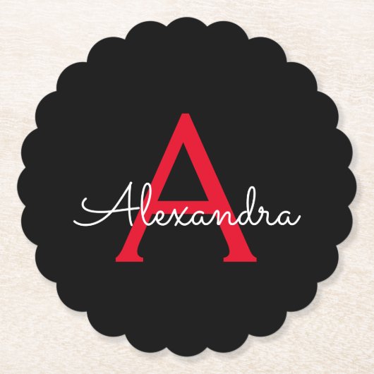 Red Black Script Giron Monogram Name Untersetzer (Vorderseite)