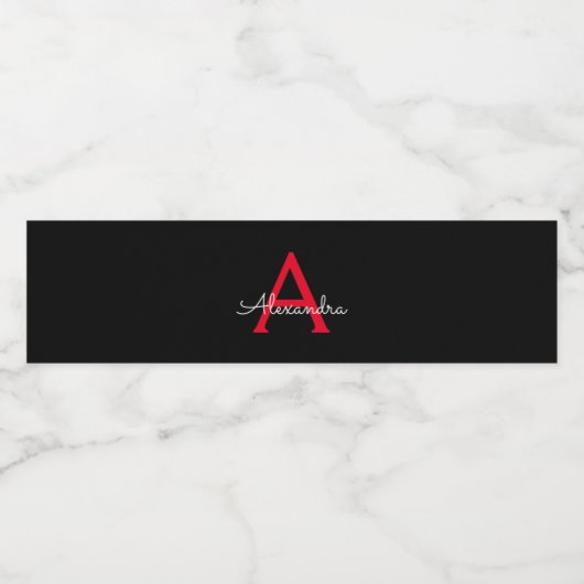 Red Black Script Giron Monogram Name Wasserflaschenetikett (Einzelnes Label)