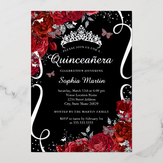 Red Black Silver Floral Butterfly Quinceanera Folieneinladung (Vorderseite)