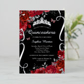 Red Black Silver Floral Butterfly Quinceanera Folieneinladung (Stehend vorne)
