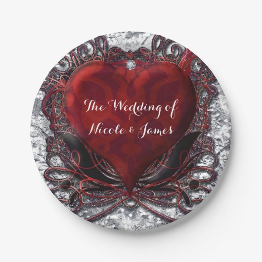 Red Black Silver Valentine Heart Party Pappteller (Vorderseite)