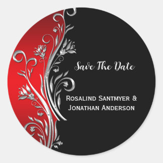 Red Black Silver Wirbel Wedding RSVP Runder Aufkleber