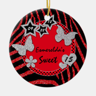 Red Black Silver Zebra Sweet 15 Foto Ornament