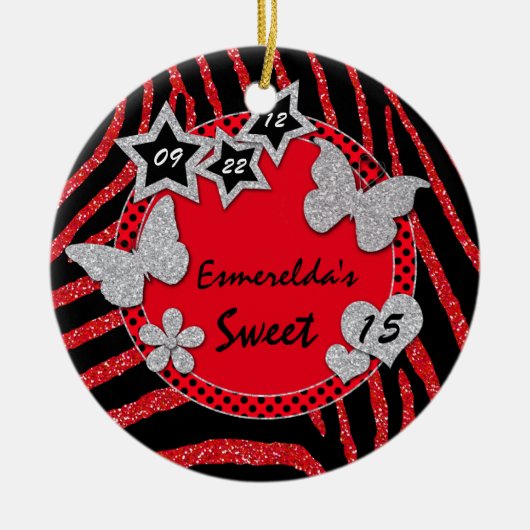 Red Black Silver Zebra Sweet 15 Foto Ornament (Vorne)