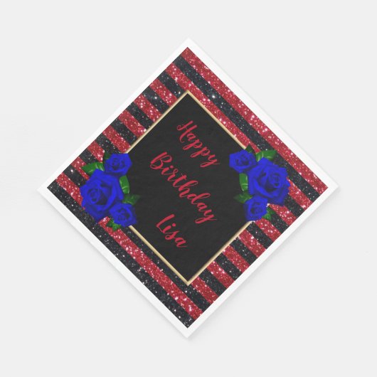 Red Black Stripes Glitzer Deep Blue Rose Geburtsta Serviette (Ecke)