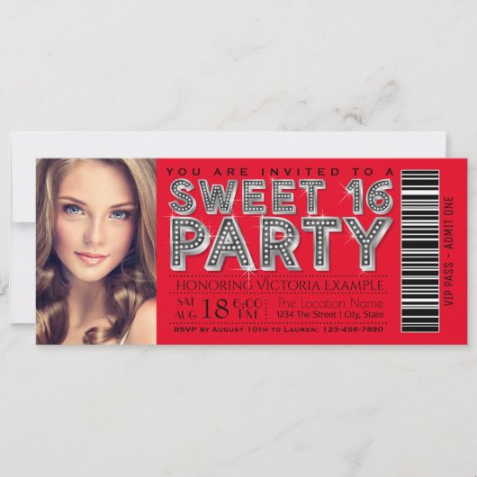 Red Black Sweet 16 Ticket Einladung (Vorderseite)